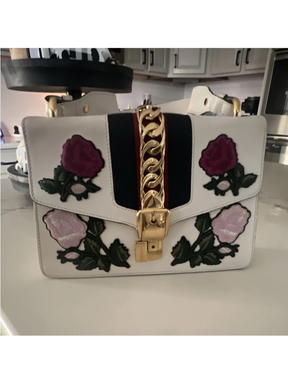 Gucci White Floral Appliqué Crossbody with Gold Chain Accent